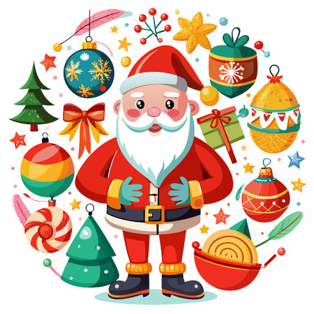 Smiling Santa Claus surrounded by festive Christmas ornaments, presents, and trees.のイラスト素材