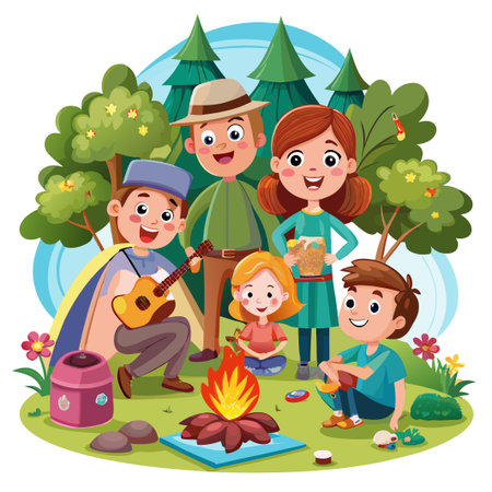 A happy family enjoys a camping trip in the woods, with a campfire, tent, and guitar.のイラスト素材