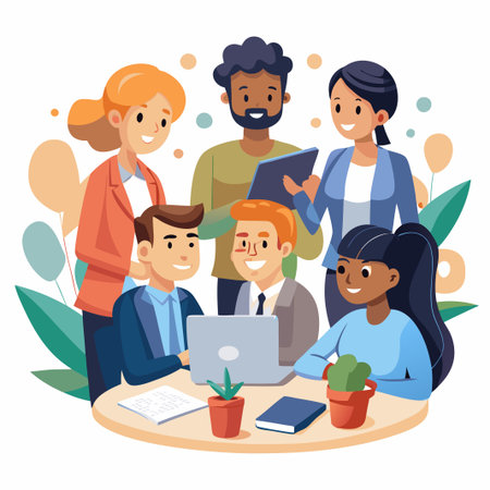 Diverse group of happy business people having a meeting around a table with a laptop.
