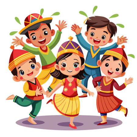 Four happy children in traditional clothes dancing, isolated on white background.のイラスト素材