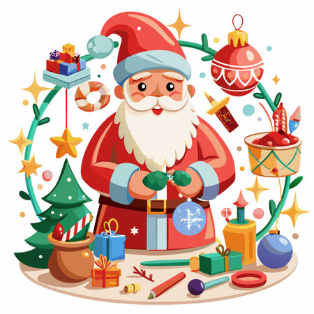 Cheerful Santa Claus is decorating a Christmas tree with festive ornaments.のイラスト素材