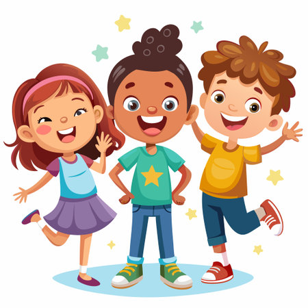 Three happy kids smiling and waving.のイラスト素材