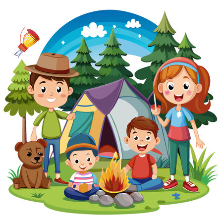 Happy family camping in the woods. They are smiling and having fun.のイラスト素材