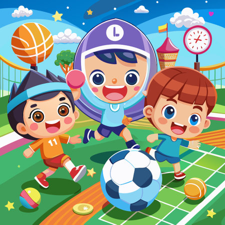 Three happy kids playing sports on a green field with colorful balls.のイラスト素材