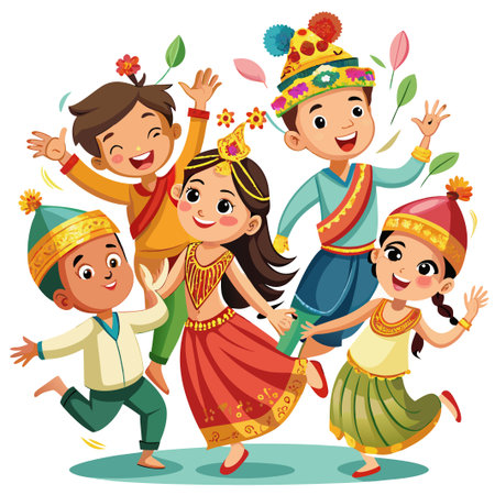 Five happy children in colorful traditional outfits dance and smile.のイラスト素材