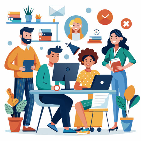 Business team working on a project with a computer and laptop.のイラスト素材