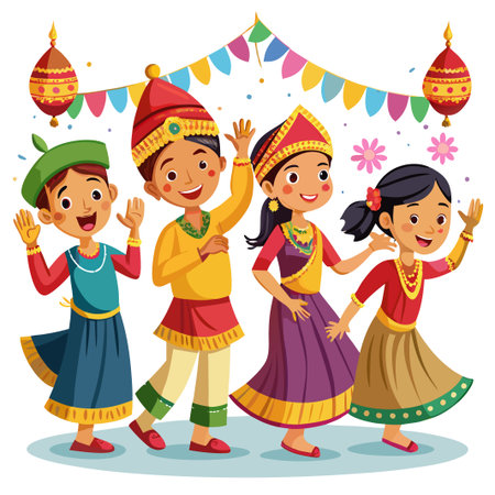 Four smiling children in traditional Indian clothing dancing with colorful flags and decorations above.のイラスト素材