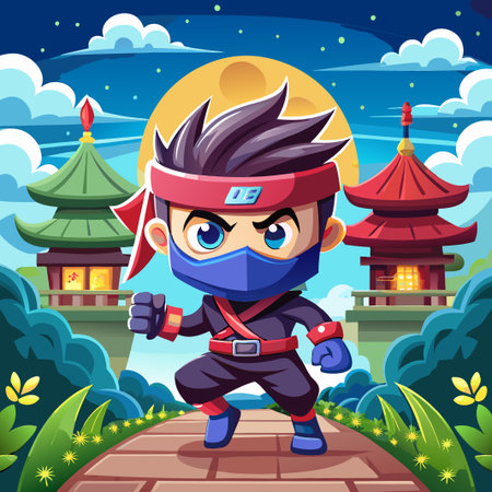 Cartoon ninja character in a night scenery with a full moon.のイラスト素材