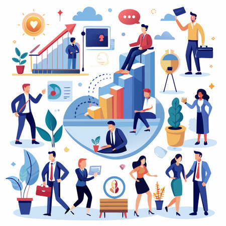 Diverse group of business people working and interacting in an office environment.のイラスト素材