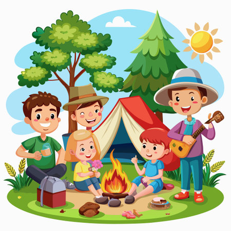 Happy friends enjoying a camping trip with a campfire, tent, and guitar.のイラスト素材