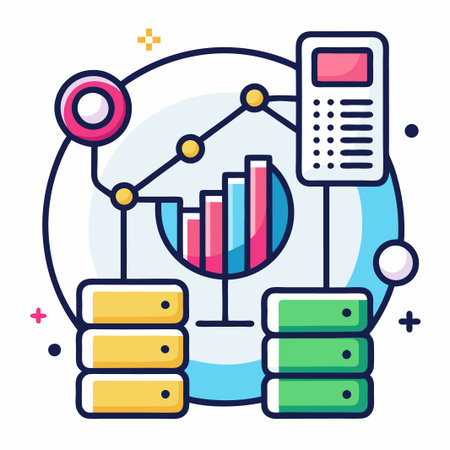 Data analytics concept with bar chart, servers, and cloud computing.のイラスト素材