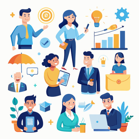 Diverse group of businesspeople working together in a flat cartoon style.のイラスト素材