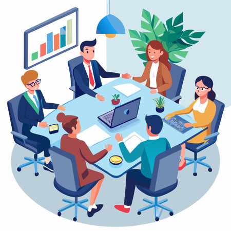 Five business people are gathered around a table in a meeting, discussing business strategy with a laptop, papers, and a chart on the wall.のイラスト素材