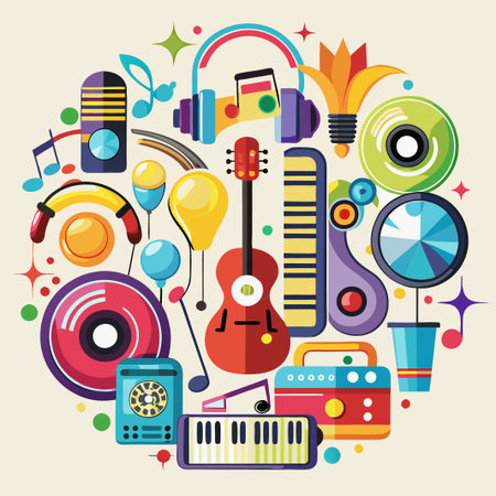 Colorful music instruments and musical notes on a beige background.のイラスト素材