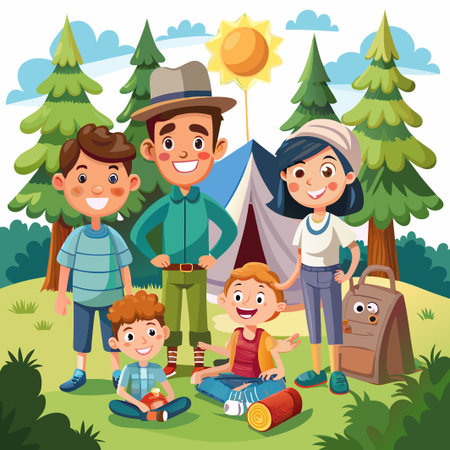 Happy family camping in a sunny forest with tent and backpack.のイラスト素材