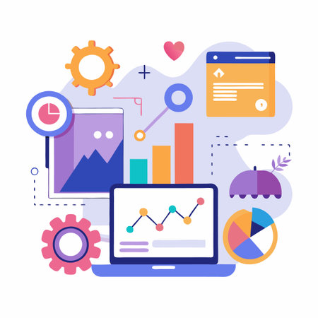 Colorful business illustration with data charts, website, and gears.のイラスト素材