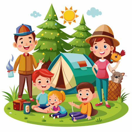 Happy family camping in the woods.  They are smiling and enjoying their time together.  There is a tent, a campfire, and a bear.のイラスト素材