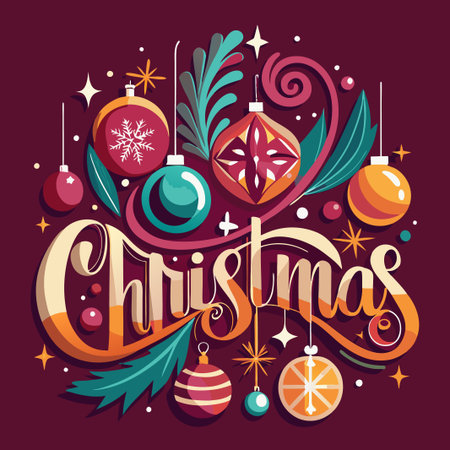 Festive Christmas greeting with ornaments and calligraphy.のイラスト素材