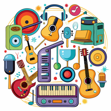 Colorful illustration of music instruments arranged in a circle.のイラスト素材