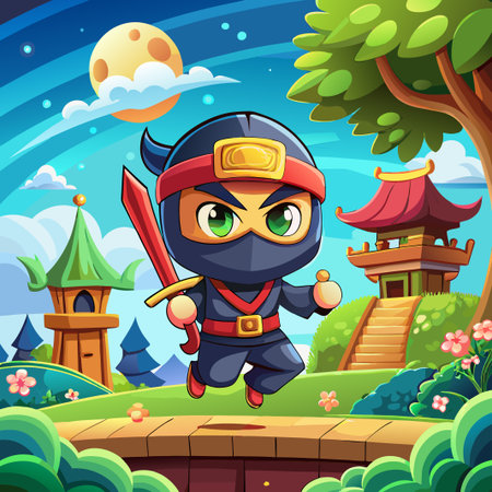 Cartoon ninja jumping in front of a moonlit night landscape with a temple.のイラスト素材