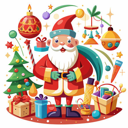 Happy Santa Claus surrounded by Christmas gifts, a Christmas tree, and holiday decorations.のイラスト素材