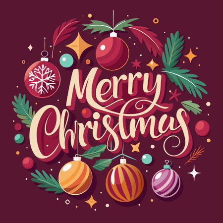 Festive Christmas illustration with ornaments, lettering, and wintery elements on a burgundy background.のイラスト素材