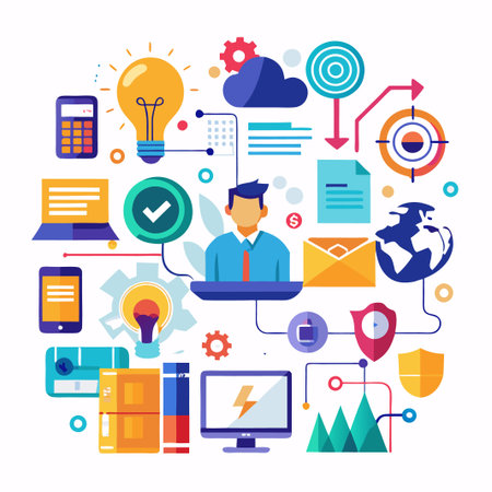 Businessman with connected business elements, ideas, goals, targets and strategies.のイラスト素材