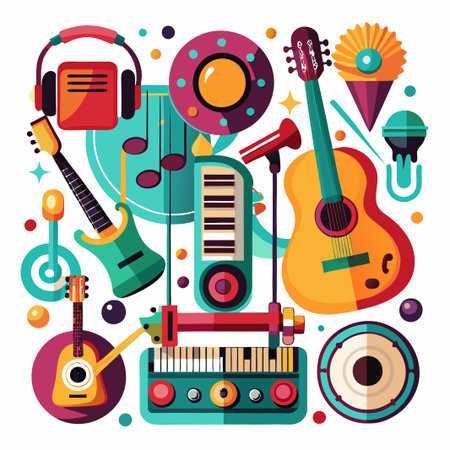 Colorful illustration of various musical instruments.のイラスト素材