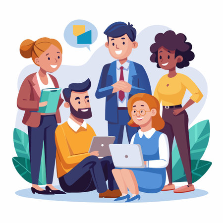 Diverse business team discussing work on their laptops.のイラスト素材