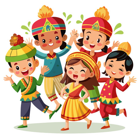 Happy children in traditional clothes are smiling.のイラスト素材