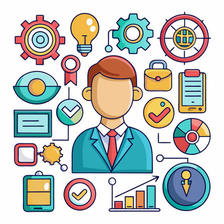 Businessman surrounded by colorful business icons.のイラスト素材