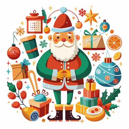 Cheerful Santa Claus surrounded by Christmas gifts, ornaments, and holly.のイラスト素材