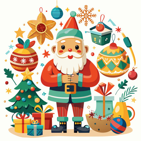 Festive Christmas illustration with Santa Claus, presents, ornaments, and a Christmas tree.のイラスト素材