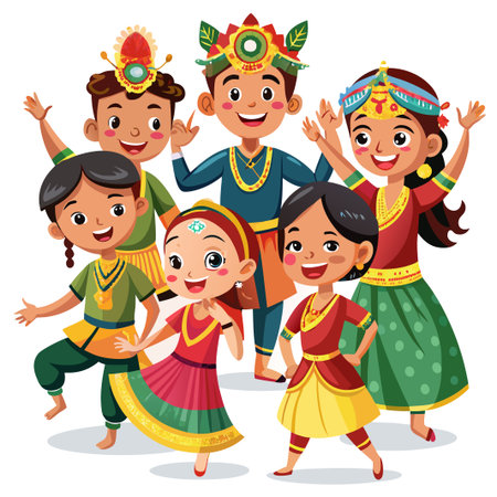 Six smiling children wearing colorful traditional Indian clothing and accessories.のイラスト素材