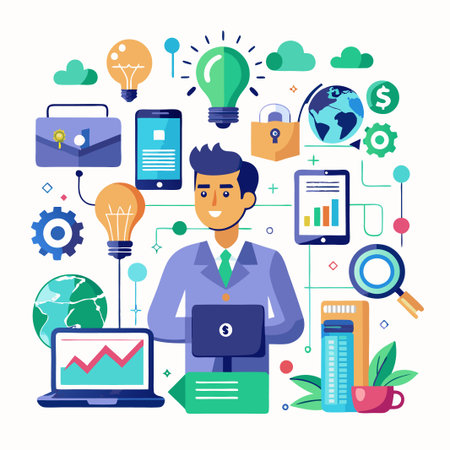 Businessman using laptop to analyze data and profit.のイラスト素材