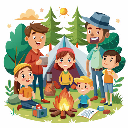 Happy family camping in the woods with a campfire, tent and book.のイラスト素材