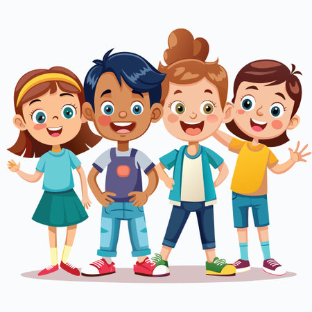 Four happy smiling kids standing together in cartoon style.のイラスト素材