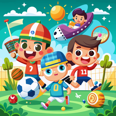 Three cartoon kids play different sports outdoors on a sunny day.のイラスト素材