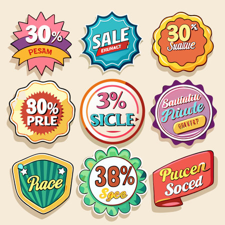 Set of nine colorful retro style sale badges.のイラスト素材