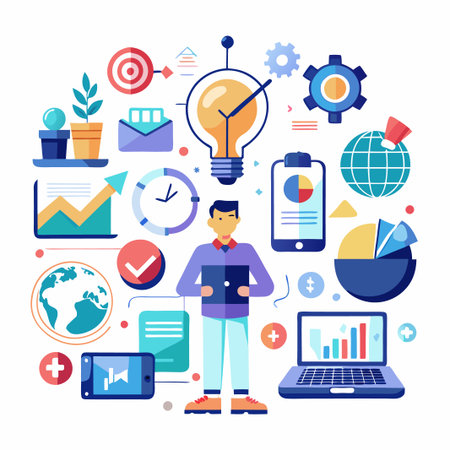 Businessman Holding a Tablet with Business Data and Analytics Surrounding Him.のイラスト素材