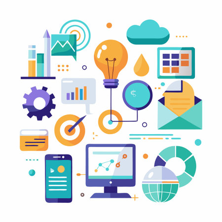 Colorful business icons with lightbulb, charts and graphs, representing innovative ideas, strategy, and growth.のイラスト素材