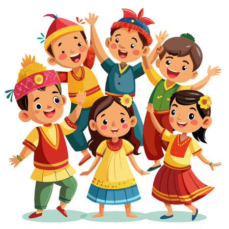 Group of happy kids in traditional Indian clothes.のイラスト素材