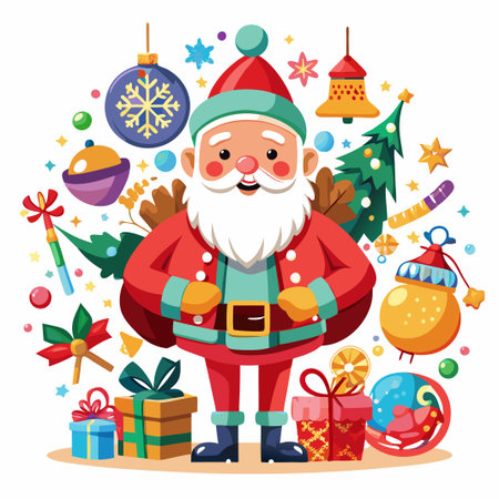 Cheerful Santa Claus surrounded by Christmas ornaments and gifts.のイラスト素材