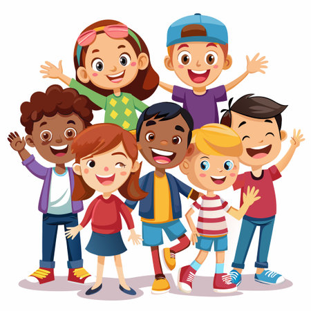 Group of happy diverse children smiling and waving.のイラスト素材