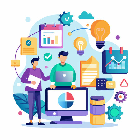 Two people working together on a project with a computer, documents, and charts.のイラスト素材