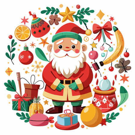 Santa Claus in a winter wonderland with Christmas decorations and gifts.のイラスト素材