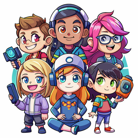 Six diverse cartoon characters in various poses with gadgets.