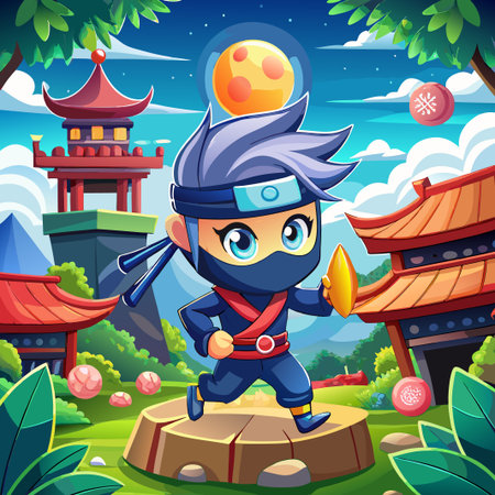 Cute ninja character running in a whimsical cartoon landscape.のイラスト素材