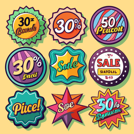 Set of nine colorful retro sale badges with different shapes and discount percentages.のイラスト素材