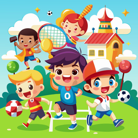 A group of happy cartoon children playing sports outside.のイラスト素材